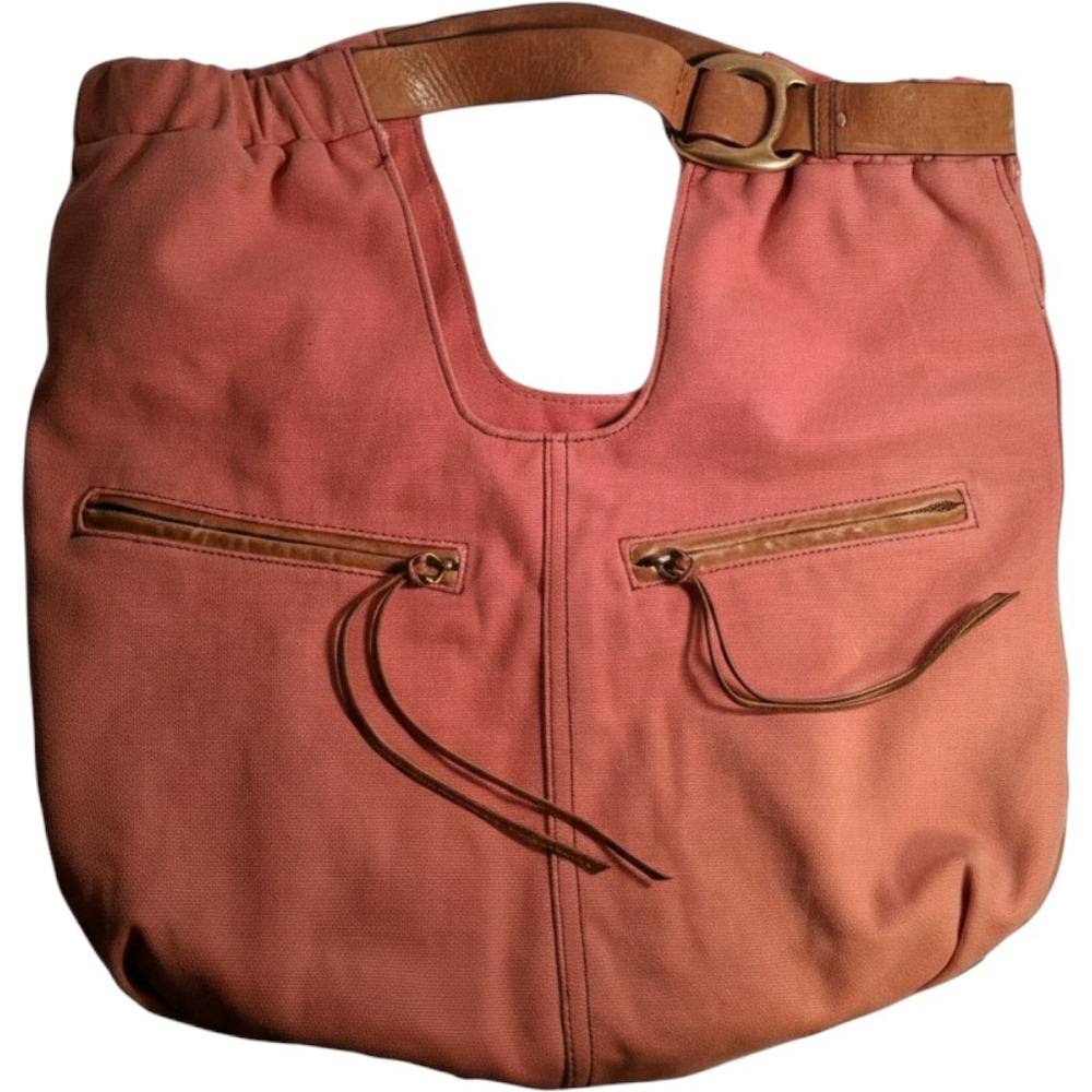 Koba Women Coral Pink Canvas Hobo Bag Leather Trim Buckle Strap Front Zip Pocket